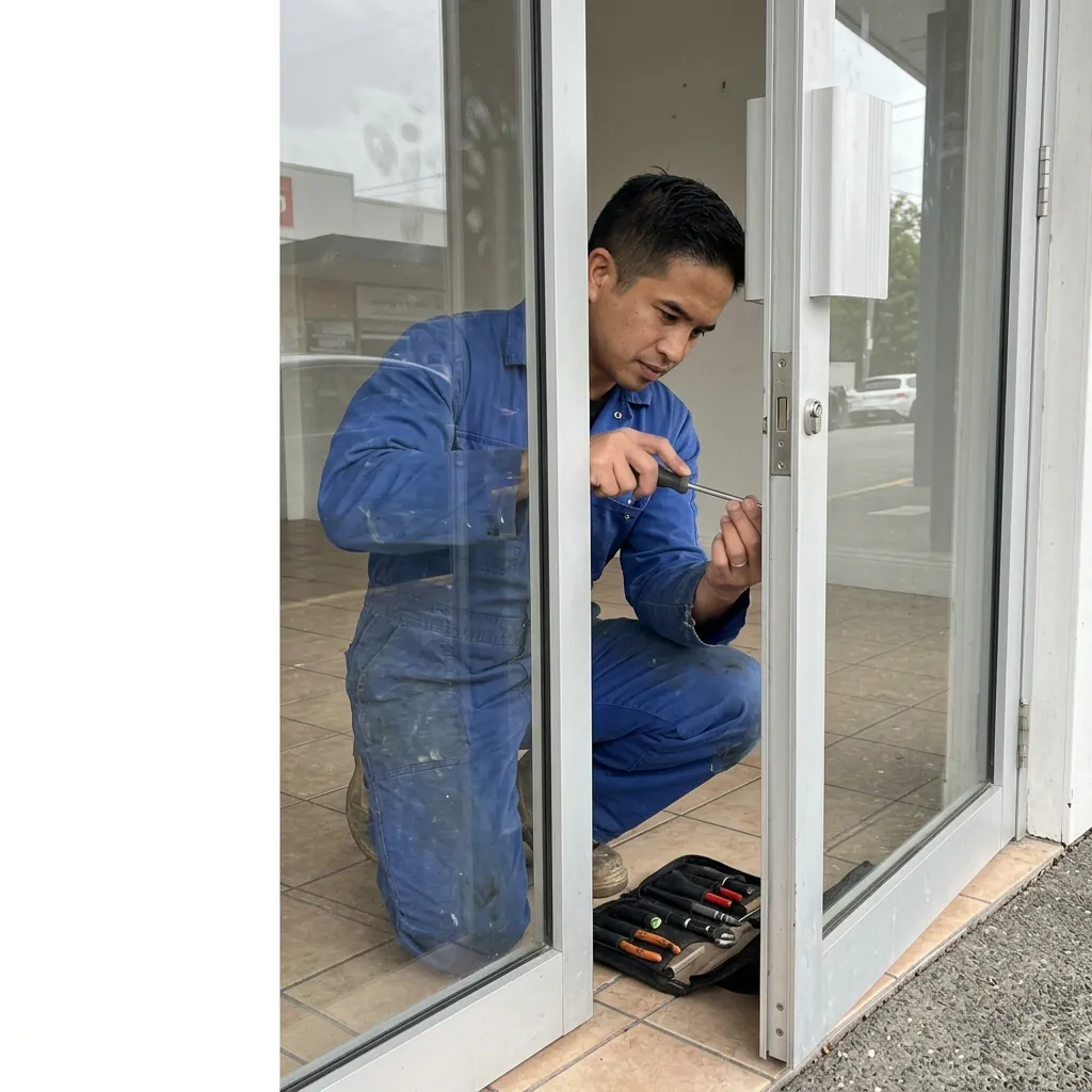 Locksmith servicing the lock on a commercial glass shopfront door