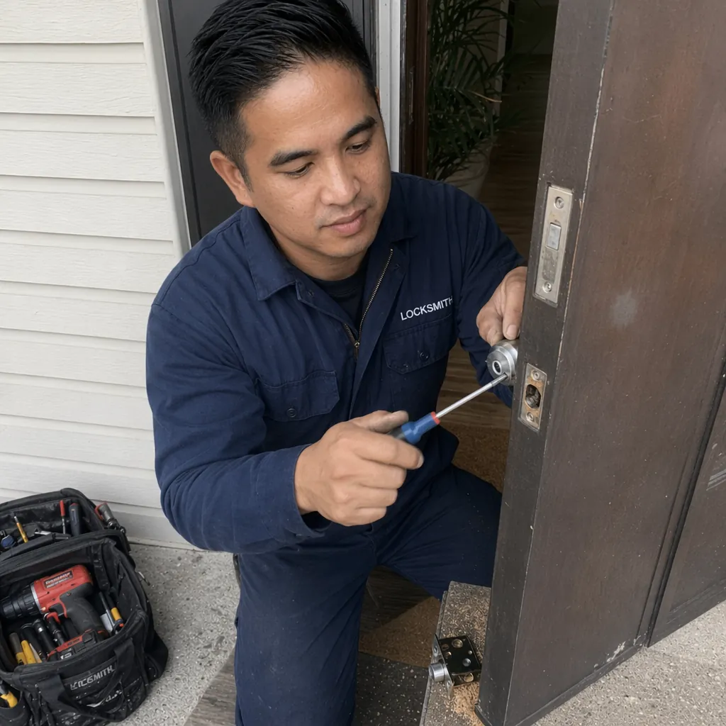 Locksmith repairing a mortice lock on a residential front door with tools laid out