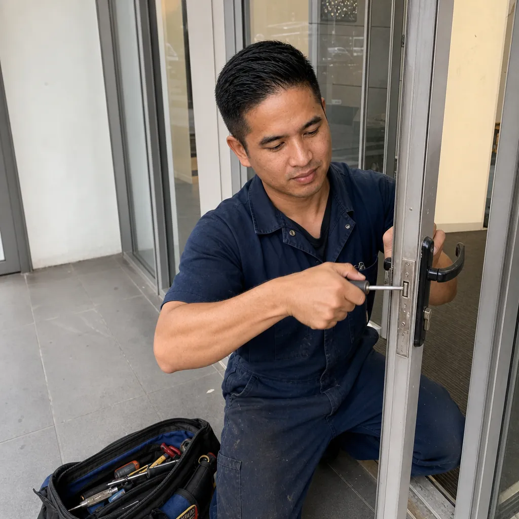 Locksmith working on a door lock cylinder to rekey and replace it