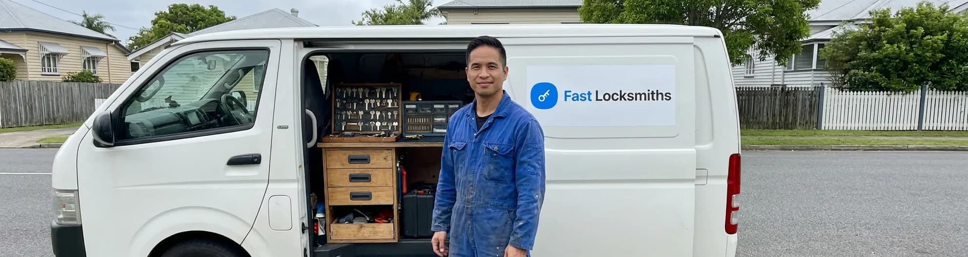 Kai with the Fast Locksmiths mobile van and open tool kit on a Brisbane street