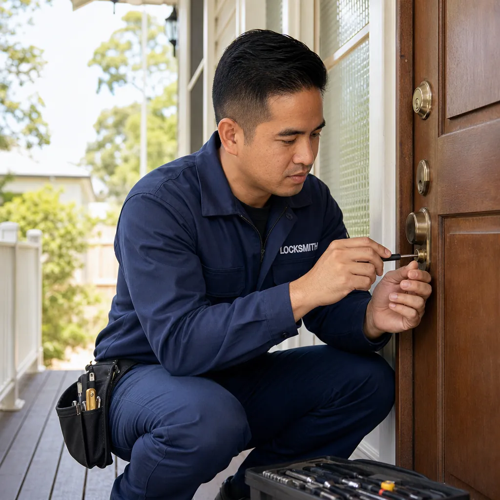 Locksmith picking a residential front-door deadbolt during an emergency lockout